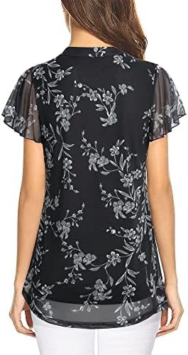 Women's Short Sleeve Tunic Tops Layered Notch V-Neck Casual Shirts Floral Printed Dressy Blouses