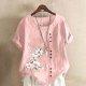 Cotton Linen Tops for Womens Roll Up Short Sleeve Tshirt Trendy Floral Print Casual Loose Fitted Blouse