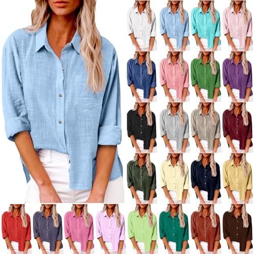 Linen Shirts for Women Summer Long Sleeve Lapel Button Down Blouse Lightweight Gauze Loose Casual Fashion Shirt Clothes