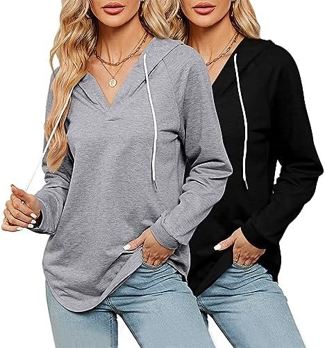 2 Pack Women Long Sleeve V Neck Hoodies Drawstring Loose Fit Hooded Tops Casual Solid Color Pullover Sweatshirts