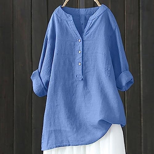 Loose Button Down Blouse Tops Stand Solid Sleeve Long Casual Women Shirt Blouse Dark Tunic