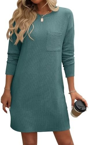 Women's Mini Sweater Dress Casual Long Sleeve Ribbed Knit Loose Fit Fall Pullover Sweaters Tunic Tops