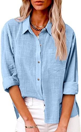 Linen Shirts for Women Summer Long Sleeve Lapel Button Down Blouse Lightweight Gauze Loose Casual Fashion Shirt Clothes