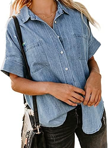 Womens Button Down Shirts V Neck Loose Casual Shirt