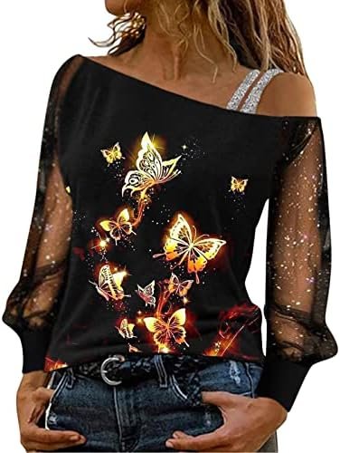 Women Casual Top Blouse Sequin Print Mesh Long Sleeves Cold Shoulder Shirt Loose Splice Sexy Blouse Top Athletic