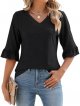 3/4 Length Sleeve Womens Tops Summer Loose V-Neck Eyelet T-Shirts Dressy Casual Ruffle Sleeve Tunic Blouses