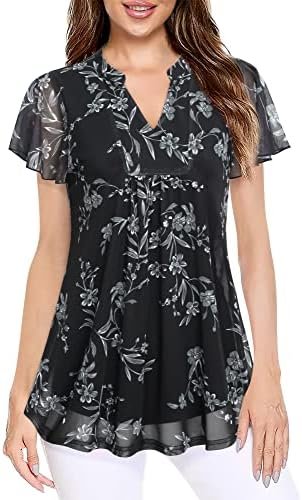 Women's Short Sleeve Tunic Tops Layered Notch V-Neck Casual Shirts Floral Printed Dressy Blouses