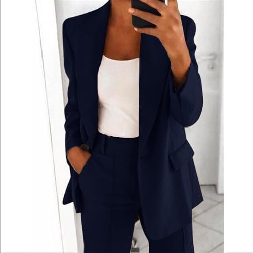 Womens Elegant Solid Color Suit Long Sleeve Pockets Top Elastic Straight Leg Pants Suit Set Length