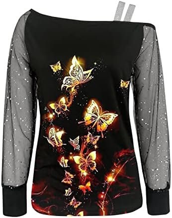 Women Casual Top Blouse Sequin Print Mesh Long Sleeves Cold Shoulder Shirt Loose Splice Sexy Blouse Top Athletic