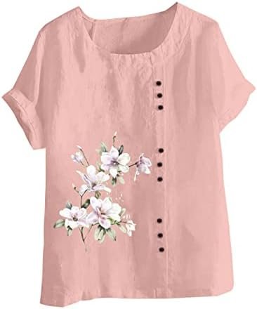 Cotton Linen Tops for Womens Roll Up Short Sleeve Tshirt Trendy Floral Print Casual Loose Fitted Blouse