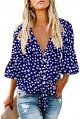 Womens Button Down V Neck Tie Knot Front Tops 3/4 Sleeve Chiffon Casual Blouse Shirts