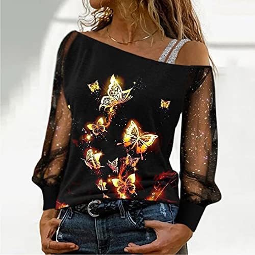 Women Casual Top Blouse Sequin Print Mesh Long Sleeves Cold Shoulder Shirt Loose Splice Sexy Blouse Top Athletic