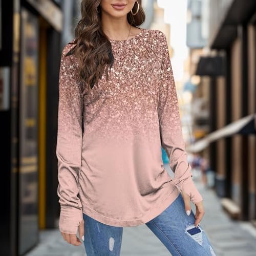 Women Long Sleeve Top Round Neck Basic Fashion Printed Tshirt Shirt Thumbhole Tunic Dressy Tops for Women Short