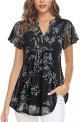 Women's Short Sleeve Tunic Tops Layered Notch V-Neck Casual Shirts Floral Printed Dressy Blouses